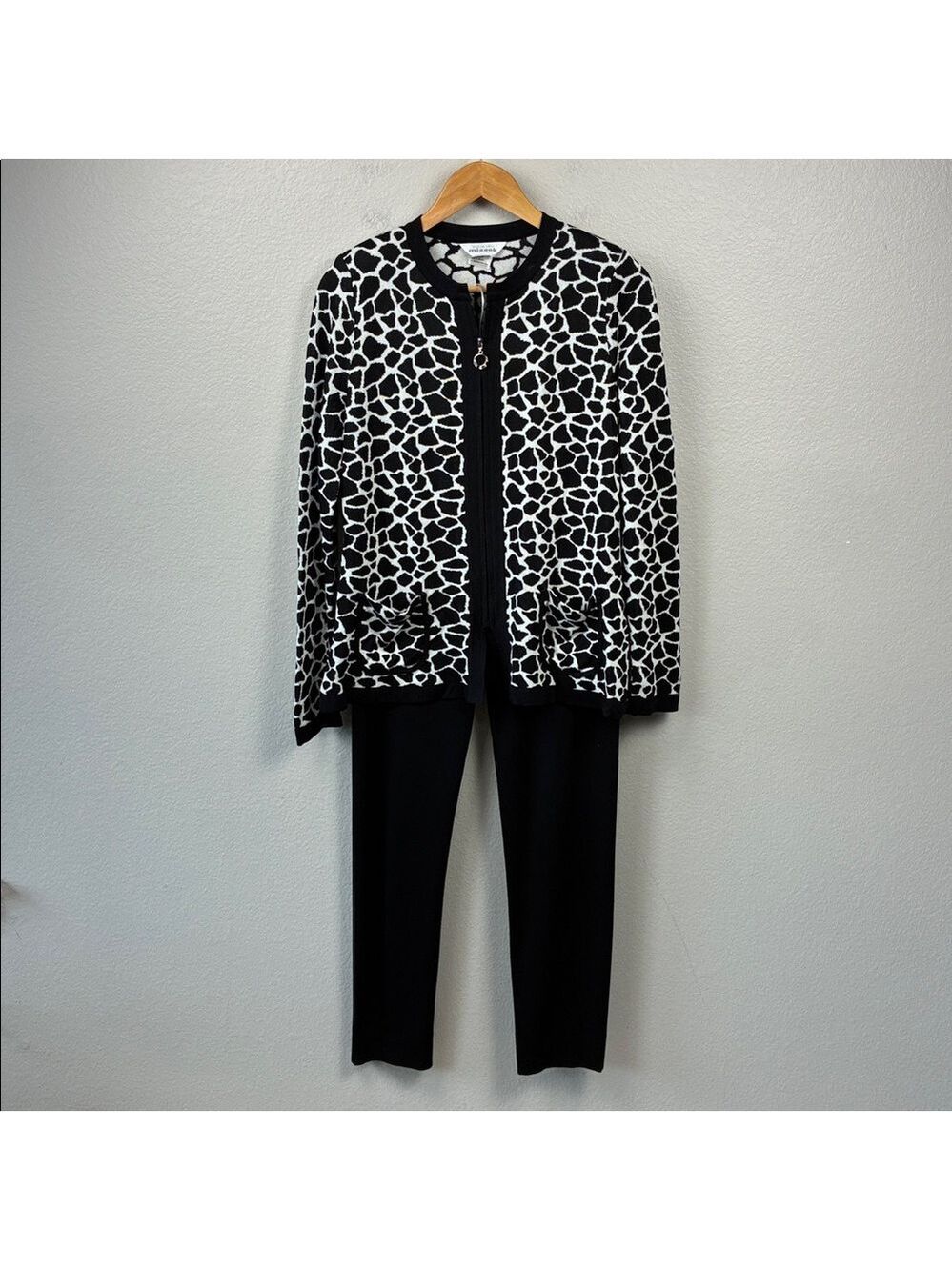 Misook Sweater Pants SET Black Animal Print Zip Cardigan Knit Pull-On Vintage  M